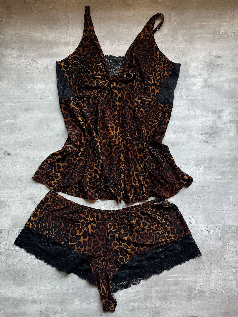 Leopard Print Lace Trim Satin Cami & Short Sleep Set - Brown
